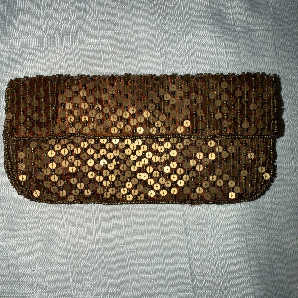 K.C. Malhan Beaded Sequin Pouch Bronze Clutch Coin Purse Wallet NWT Prom Hoco